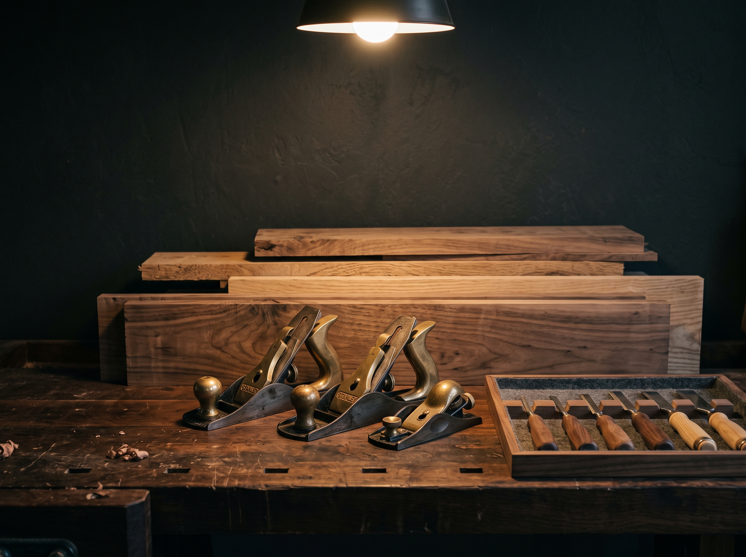 Atelier d'ébénisterie feutré route d'Arlon, Strassen — bois éclairé, outils à poignée laiton.