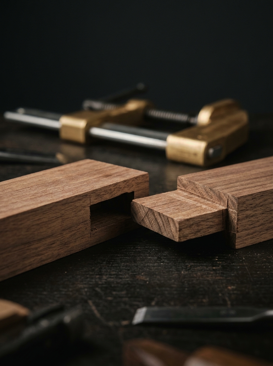 Fabrication de meubles — preuve macro : Assemblage tenon-mortaise à blanc — atelier route d'Arlon, 2025.